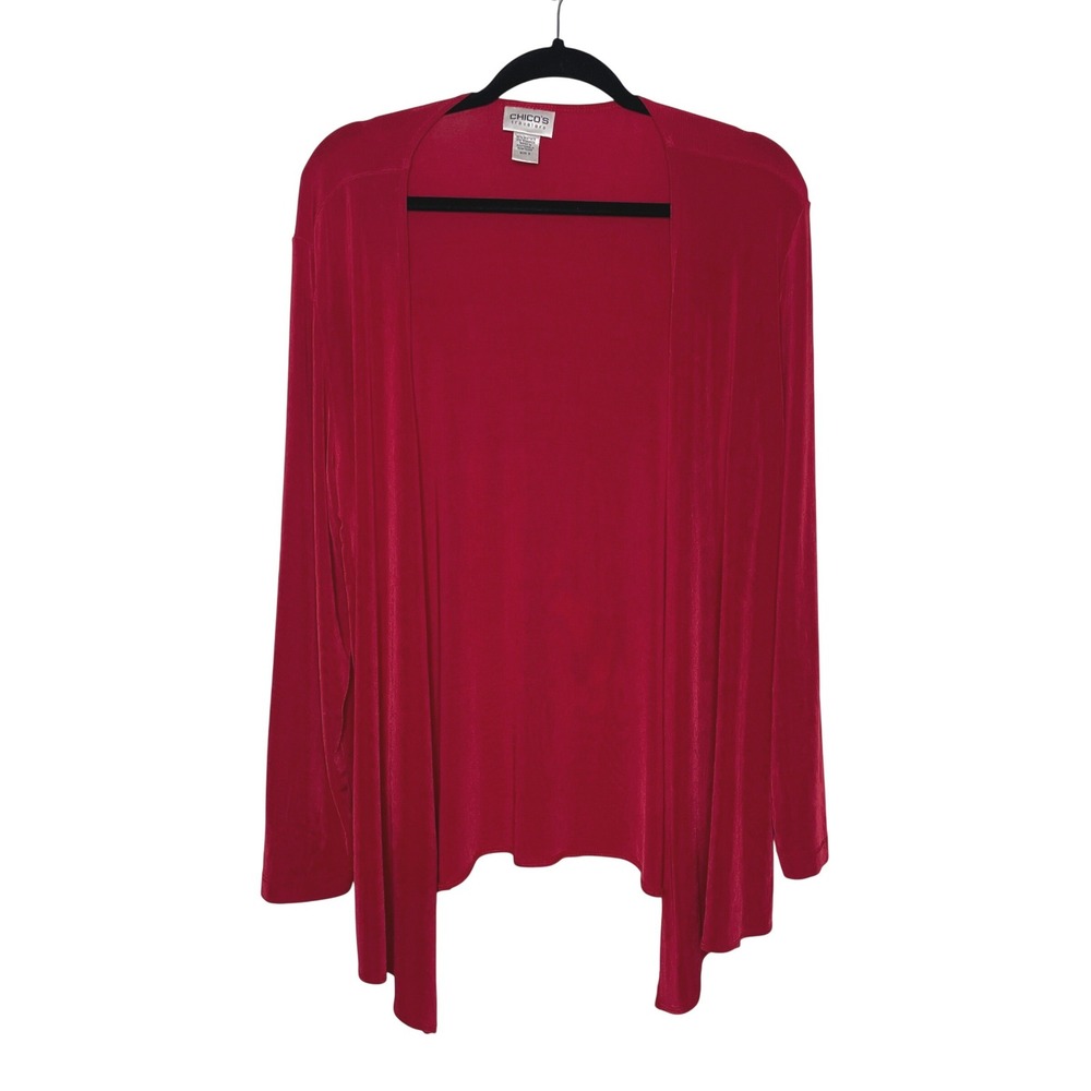 Chicos Travelers Cardigan Womens L Red Open Front Ribbed Slinky Knit Office Wear